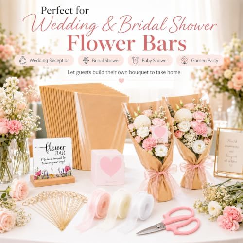 TOVEYI 50 Pcs DIY Flower Bar Kit for Events, Build Your Own Bouquet Bar Supplies with Floral Wrapping Paper, Card Holders, Cards, Chiffon Ribbons, Sign and Scissors for Wedding and Baby Shower