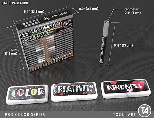 Acrylic Paint Pens 22 Gray Tones Assorted Pro Color Series Markers Set 0.7mm Extra Fine Tip for Rock Painting, Glass, Mugs, Wood, Metal, Canvas, Projects, Non Toxic, Waterbased, Quick Drying