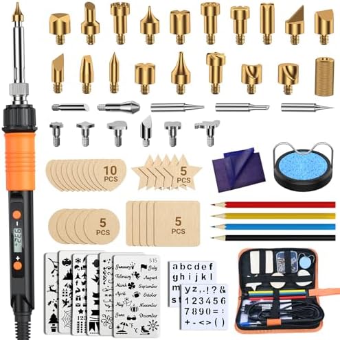 Wood Burning Kit with Digital LCD Display, 100W Fast Heating Pyrography Tool Set, Adjustable 392–932°F Temperature, 29 Tips, Stencils, Colored Pencils & Wood Pieces for Beginners and Professionals