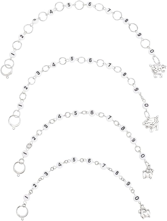 BENECREAT 4 Pcs 4 Style Row Counter Chains Set, Alloy Sheep Charm Chain Row Counter Knitting Row Counter Chains for Knitting and Crochet Crochet Stitch Markers