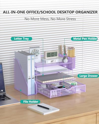 WALI Desk File Organizer, 4 Tier Desktop Paper Letter Tray Organizer with Drawer and 2 Pen Holders, Office Desk Accessories & Workspace Organizers for Office, Home Supplies(DO005DH-V), 1 Pack, Purple