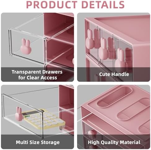Marbrasse Desk Organizer with 6 Drawers, 3 Tier Stackable Storage Drawers Plastic Makeup Storage, Office Organizers and Storage, Desk Storage Box for Office, School, Home Pink