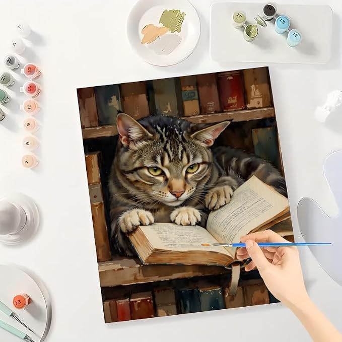 Intellectual Whiskers Paint by Numbers Kit for Adults - DIY Tabby Cat Reading Painting on Canvas, Acrylic Paint Set, Suitable for Beginners, Great for Home Decoration or Gifts(12X16IN Framed)