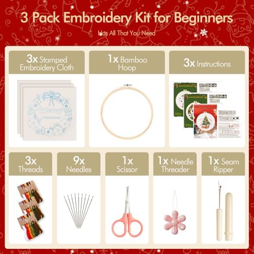 wtisan Christmas Embroidery Kit, Cross Stitch Kits for Beginners, Needlepoint with All Tools & Instructions, Stamped Hand Embroidery Starter Kit for Holiday Crafts & Xmas Home Decor, W10