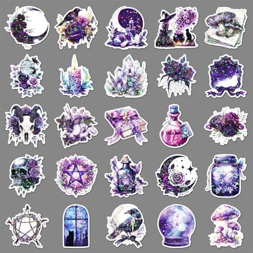 50PCS Holographic Gothic Stickers - Purple Witch & Cat Vinyl Decals for Journal, Laptop, Phone Case, Scrapbooking Supplies, Gothic Aesthetic for Teens & Adults