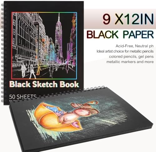 2 Pack Black Paper Sketchbook, 9 × 12 in, 100 Sheets, 160gsm Spiral Bound