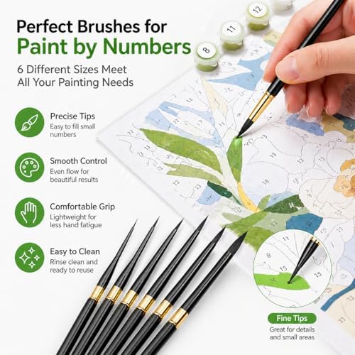 6Pcs Paint by Numbers Kit for Adults Acrylic Paint Brushes Set,Professional Travel Fine Tip Detail Paintbrushes for Watercolor Gouache Oil Face Painting,Miniature,Model,Figurine,Craft
