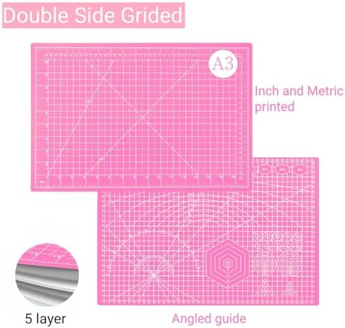 45mm Rotary Cutter and Mat Set, Fabric Cutter Wheel and 12x18 Inch Self Healing Sewing Cutting Mat, Fabric Rotary Cutter with 5pcs Rotary Blades for Quilting Patchworking Crafts, Pink
