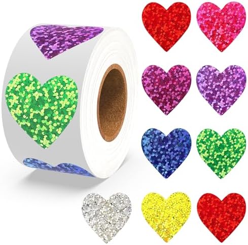 Heart Stickers, Valentines Stickers for Kids, 500Pcs 1 inch Self Adhesive Colorful Glitter Sticker for Reward Classroom Teacher Envelope Seal Mother Day Birthday Wedding Gift Decorative Label Sticker