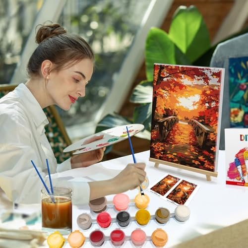 HeeBenor Framed Paint by Numbers Kit for Adults, Autumn Leaves Paint by Numbers Kit for Adults with Easel, DIY Landscape Paint by Number with Frame, Adult Paint by Number Kits Framed Canvas 8x12 Inch