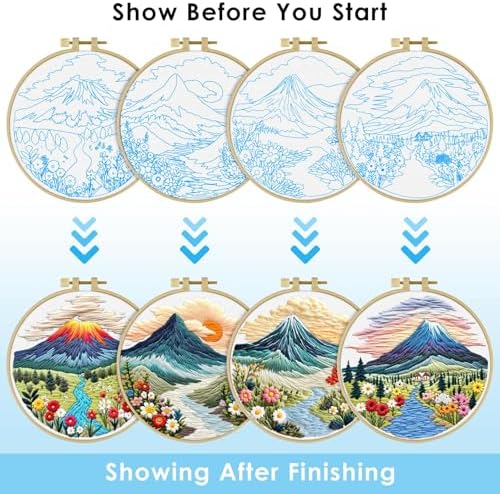 ERKOON 4 Set Embroidery Kit for Beginners, Cross Stitch Set Include Embroidery Cloth Hoops Threads for Craft Lover Hand Stitch with Embroidery Skill Techniques (Landscape)