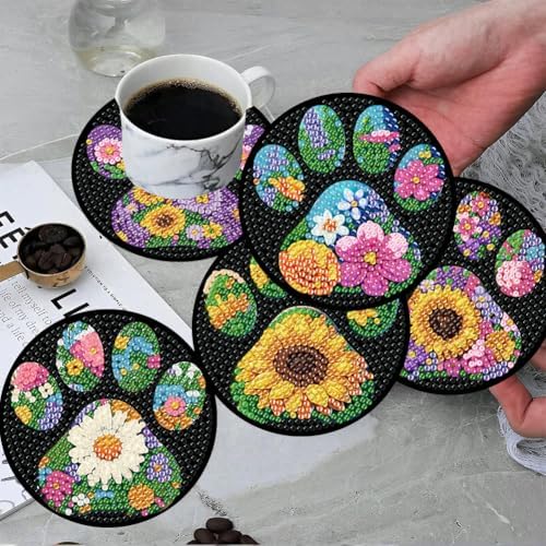 ijbnhd 8 Pack Diamond Art Coasters Kits Dog Paw (Cork Wooden Pad)