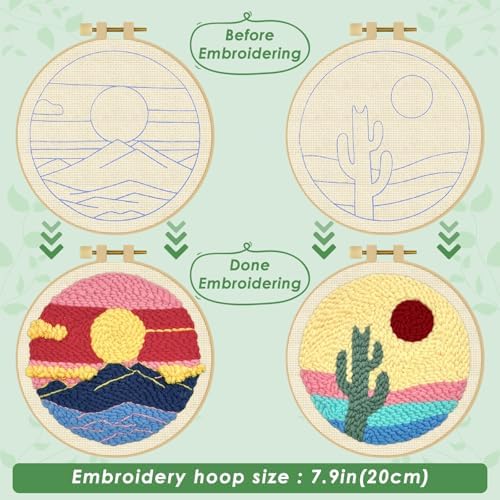 ERKOON Punch Needle Kit Adults Beginners, 2 Pcs DIY Easy Landscape Embroidery Set for Starter Art Craft, Needling Punching Project with Patterns, Tools, Yarns, Hoop, Instruction (Desert & Afterglow)