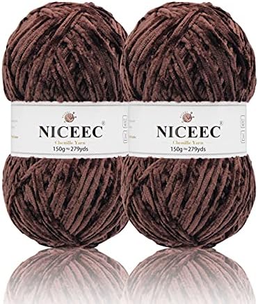 NICEEC 2 Skeins Soft Chenille Yarn 2 x255m (2X 279yds, 3X 150g)_Coffee