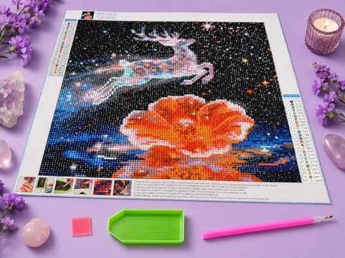 QYLTHRA 5D Full Drill Diamond Painting Kit for Adults & Beginners, DIY Crystal Deer Diamond Art Kit with Fantasy Starry Sky, Golden Flowers & Water Ripples, Home Wall Decor & Gift, 14 x 14 Inches