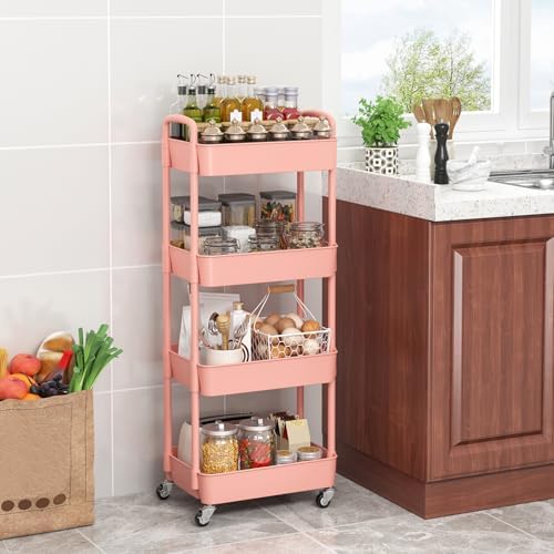 Sywhitta 4-Tier Plastic Rolling Utility Cart with Wheels for Storage, Pink