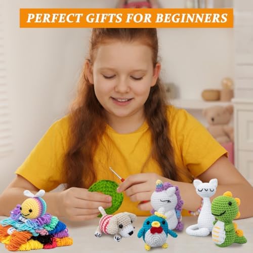 Crochet Kit for Beginners – 6 PCS Crochet Animal Kit, Knitting Beginners Kids Kit with Step by Step Videos, Yarn, Crochet Hook, Great Birthday Holiday Gift (Knitting Kit 2)
