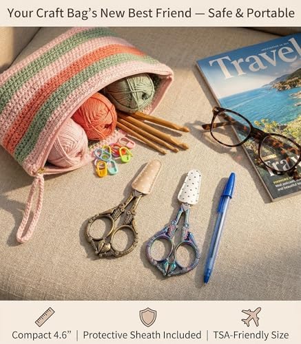 Crochet Scissors with Cover – Vintage Small Embroidery Scissors, Sharp Sewing Scissors for Yarn Thread Craft Needlework, Pretty Gift for Crocheter Quilter, 4.6 Inch 2 Pack