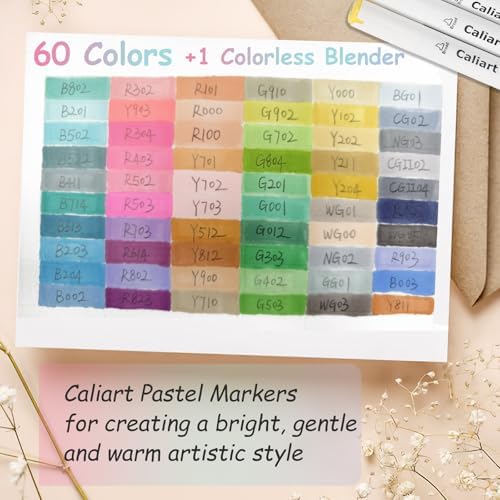 Caliart Alcohol Markers 61 Colors Pastel Chisel & Brush Tip Art Markers | Non-Toxic Permanent Pens for Adults Coloring Book Beginners Sketch Illustration Painting Drawing School Supplies Art Gifts