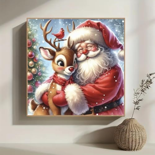 WCHUIMM Christmas Santa Claus Deer Diamond Painting Art Kit for Adults,Winter Diamond Art Painting for Beginners,Christmas Full Drill Round Gem Art Painting 12x12 Inch