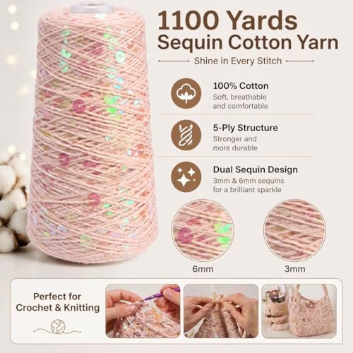 1100Yards Sequin Cotton Yarn for Crocheting Knitting, Sparkle Crochet Thread – 100% Cotton 5-Ply with 3mm 6mm Sequins,Paillettes Yarn for Scarves, Shawls, Sweater DIY Crafting