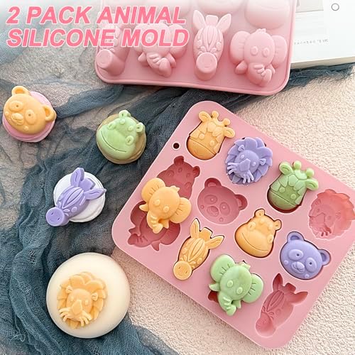 2-Pack Animal Chocolate Molds - Cute Silicone Candy Molds with Panda, Elephant, Hippo, Lion Shapes, Multi-Purpose for Chocolate, Jelly, Soap,Ice Cube Candle Making, Food-Safe & Easy to Demold
