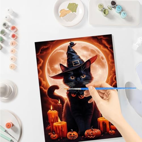 SENQAO Cat Paint by Numbers Kit for Adults Beginner, Halloween Pumpkin Adult Paint by Number Kits on Canvas, DIY Acrylic Oil Easy Painting by Numbers for Home Wall Decor 8X12 inch