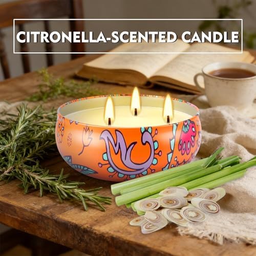 Summer Citronella Scented 3 Wick Candle, Soy Wax Candle for Indoor & Outdoor Use, Boho Floral Decorative Candle for Home,BBQ, Patio and Balcony Decor.