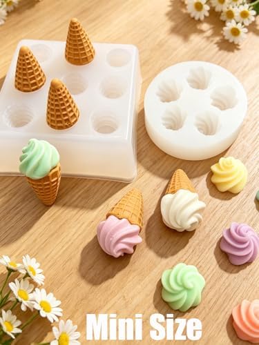 Mini Cream & Cone Silicone Mold, 4 Pieces Non-Stick Food Shape Candle Molds for Chocolate, Resin, Soap | Cute Bread Fondant Molds for Baby Shower Birthday Party DIY Crafts‌ (Cream & Cone)