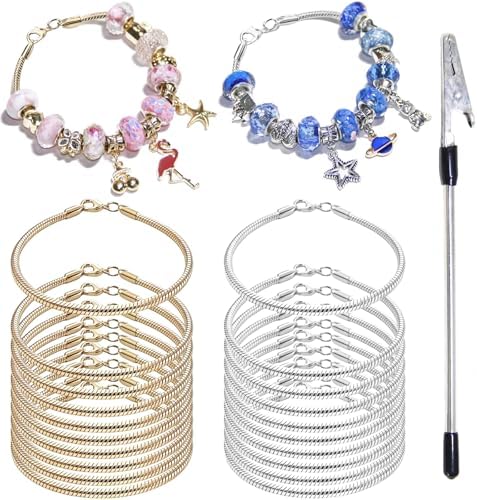 Exway 20 Pcs Snake Charm Bracelet Chain 6.5 Inch Gold and Silver Charm Bracelet Kit Snake Chain Bracelets Chain for Christmas DIY Women Jewelry Making Gifts