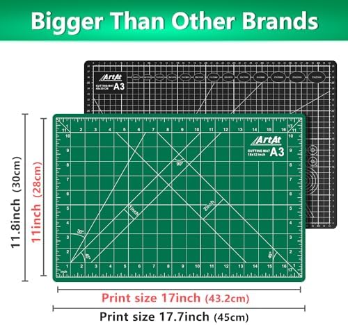 ArtAt Self Healing Cutting Mat: 12inch x 18inch Double Sided 5-Ply Fabric Cutting Mat for Sewing, Quilting & Arts & Crafts - Gridded Rotary Cutting Board Mat in Green/Black.