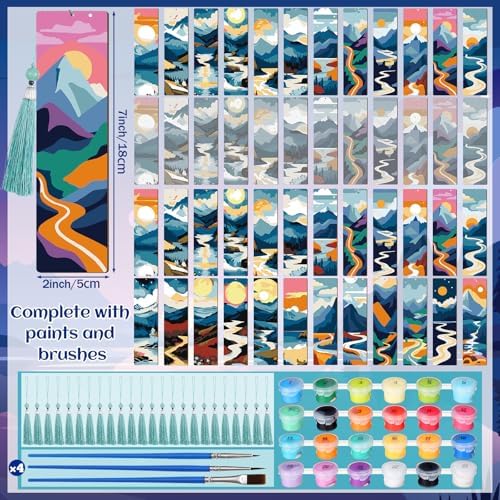 Kosiz 24 Pcs Mountain Paint by Number Kit for Adult Wood Bookmark | Mini Paint by Numbers Kit, Painting Decor, Tassels Blank Bookmarks, for Small DIY Craft Book Lovers Gift 7x2 ''