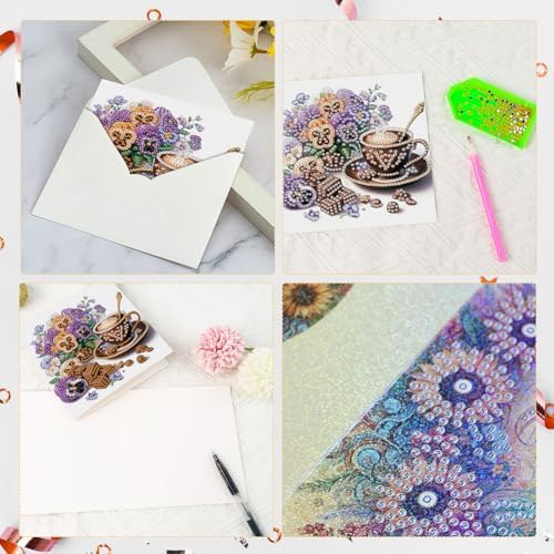 Diamond Art Cards with Envelopes–6PCS DIY Diamond Painting Greeting Cards Kit | Card Making Kit with Bling for Adults & Beginners | Birthday,Holiday & Thank You Cards (Afternoon Tea)