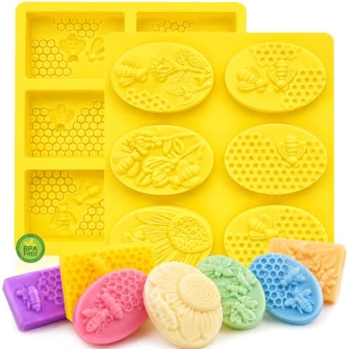 2 Pack 6 Cavity Bee Honeycomb Design, Rectangle & Oval Non-Stick Flexible Silicone Soap Molds for Soap, Wax Melts, Beeswax, Chocolate, Candle & Craft Making