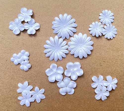 100 Pcs Handmade Mulberry Paper Flowers 3 mm - 1.5 Inch Scrapbooking Wedding DIY Craft Supplies Card. (Mixed White Flowers)