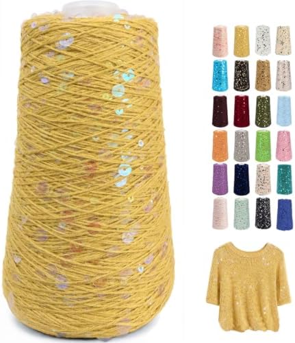 1100Yards Sequin Cotton Yarn for Crocheting Knitting, Sparkle Crochet Thread – 100% Cotton 5-Ply with 3mm 6mm Sequins,Paillettes Yarn for Scarves, Shawls, Sweater DIY Crafting