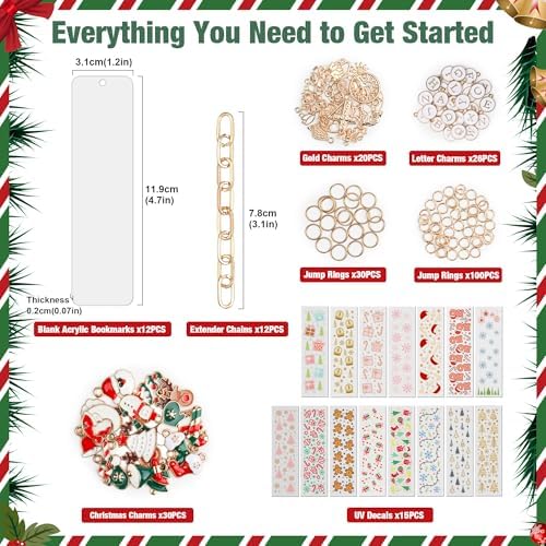 245PCS Acrylic Bookmark Blanks(2mm) Thicken 12 DIY Bookmark Making 15 Christmas UV DTF Sticker 76 Christmas Charms 12 Extender Chains and 130 Jump Ring Suitable for DIY Crafts Gifts
