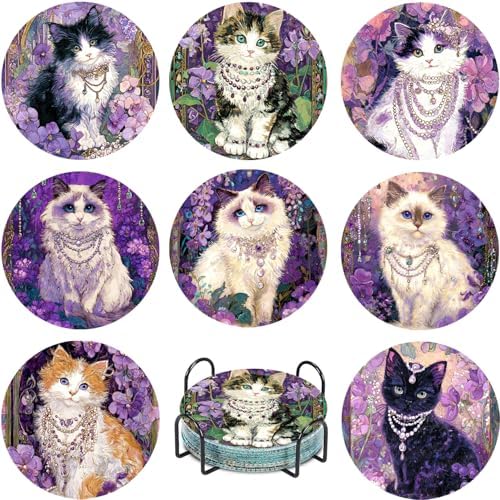 Leatrice Small Diamond Art Coasters Set Diamond Painting Kits for Adults Cat Diamond Dots Coasters Beginners Women Gem Art Coasters with Holder Funny Crafts Supplies for DIY Home Decor