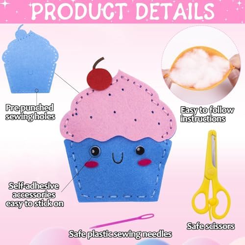 ZOIIWA 16 Sets Food Themed Sewing Kit for Kids Fun Craft for Boy Girl Age Felt Fruit Plush Craft Kit Learn to Sew Educational Beginners Sewing Stuffed Ornament for Back to School Birthday Party Gift