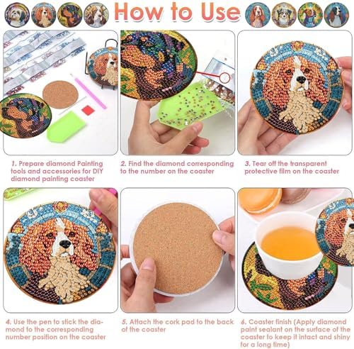 ijbnhd 8 PCS Dog Diamond Art Coasters Kit Diamond Painting Coasters