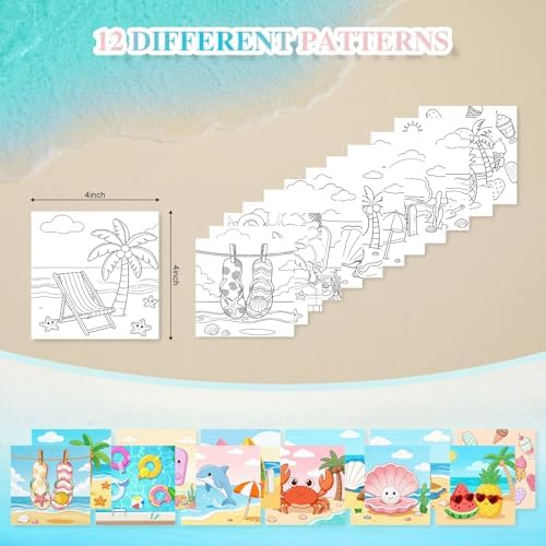 12 Packs Summer Pre Drawn Canvas to Paint, Ocean Pre Printed Canvas for Painting, Pre Stretched Canvas Outline Painting Boards for Beginners, Students, Party Favors 4 * 4inch