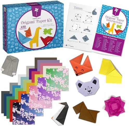 Pinwheel Crafts Origami Kit for Kids Ages 5-12 with 450 Sheets, 50 Projects | 400 solid color sheets in 20 colors, 50 Japanese pattern sheets, 50 projects, guide book, 6x6 inch double sided