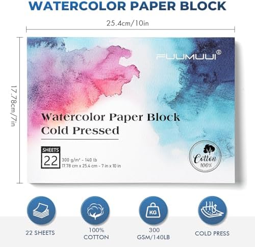 Watercolor Paper Block 7x10 Inch, Fuumuui 100% Cotton Watercolor Paper Pad of 22 Sheets, 140lb/300gsm, Acid-Free Cold Pressed Art Paper for Painting, Drawing, Art Journaling, Wet, Mixed Media