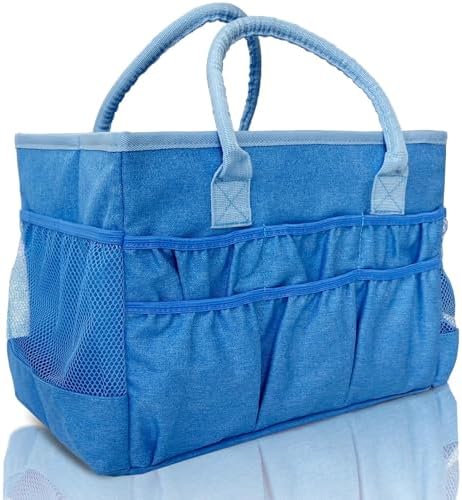 Cupohus Craft Organizer Tote Bag – Craft Caddy with 2 Mesh Side Pockets & Front Elastic Pockets, Foldable Large Capacity Supply Storage Bag for Sewing, Knitting, Painting, and Travel (Blue)