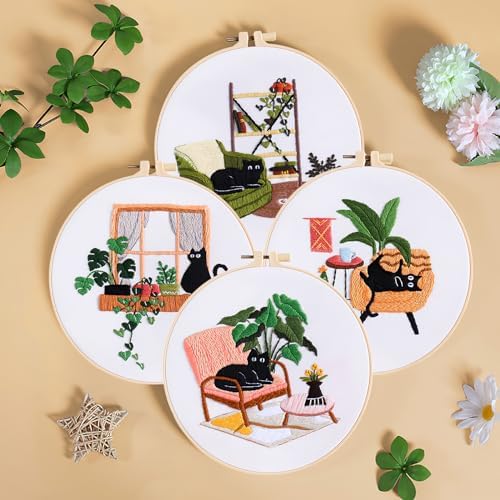 4 Sets Black Cat Embroidery Kit for Beginners with Tool Set Cat Pattern