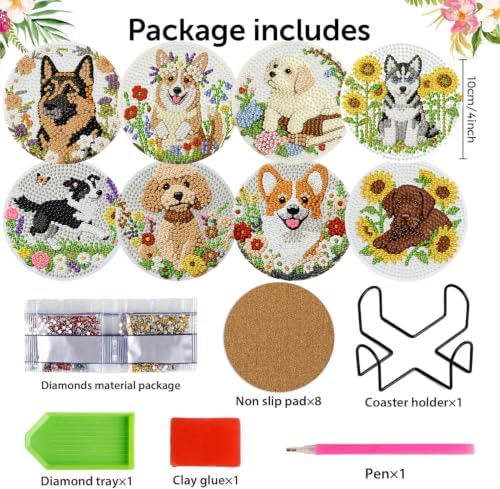 Zythron 8 Pack Diamond Art Coasters,Dog Flowers Diamond Painting Coasters
