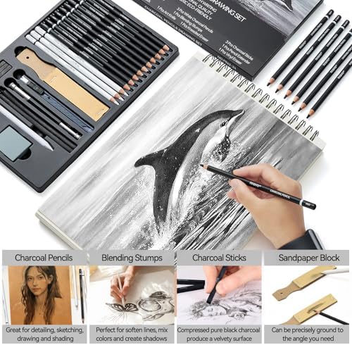 PANDAFLY Professional Charcoal Pencils Drawing Set, 24 Pcs