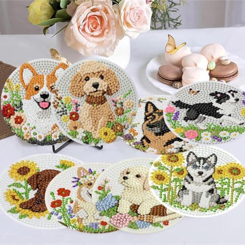 Zythron 8 Pack Diamond Art Coasters,Dog Flowers Diamond Painting Coasters