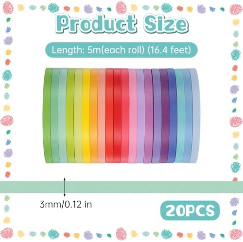 20 Rolls Rainbow Washi Tape Slim, 16.4ft Colorful Rainbow Pastel Washi Tape Set Skinny Thin Decorative Colored Washis Craft Tapes, Rainbows Colors Thin Decorative Tapes for Journal DIY Planner Craft