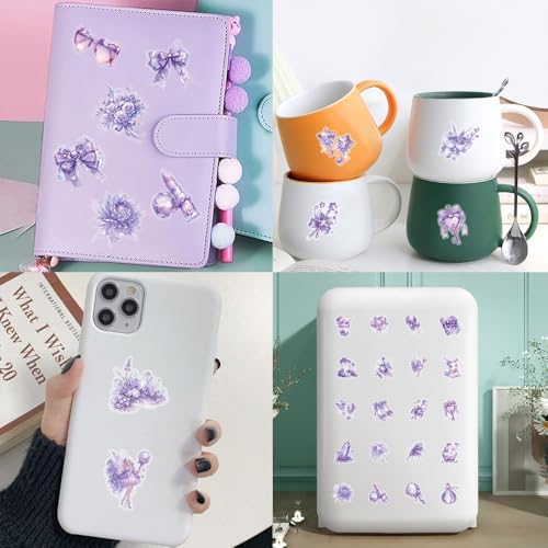 50Pcs Vintage Stickers,Waterproof Transparent PET Aesthetic Decorative Scrapbooking Supplies for Adult Card Making Letters Planner Journaling Junk Journal DIY Water Bottles Art Craft.Purple Flower